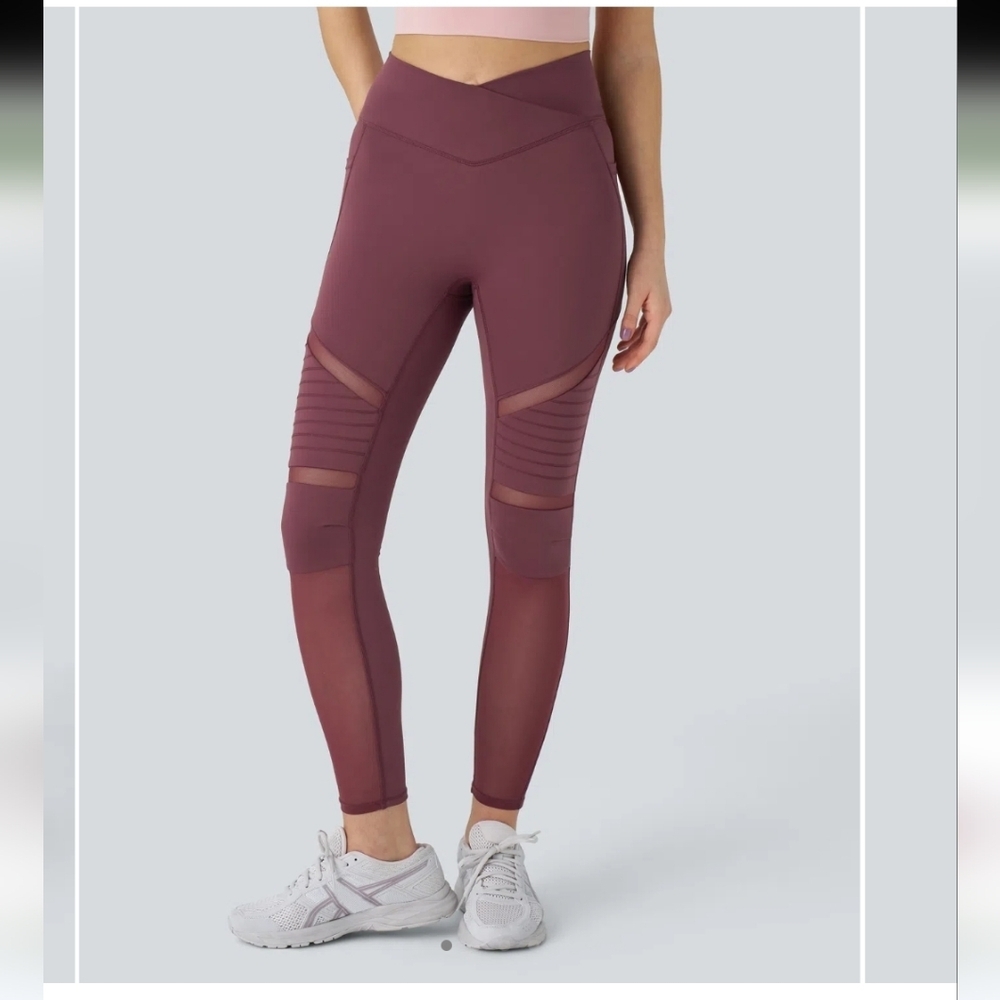 Crossover High Waisted Side Pocket Contrast Mesh Top-stitching Yoga Moto Legging